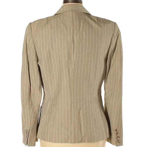 90s Vintage Linen Talbots Tan Pinstriped Blazer Classic Khaki Pinstripe Jacket 8 - Picture 5 of 5